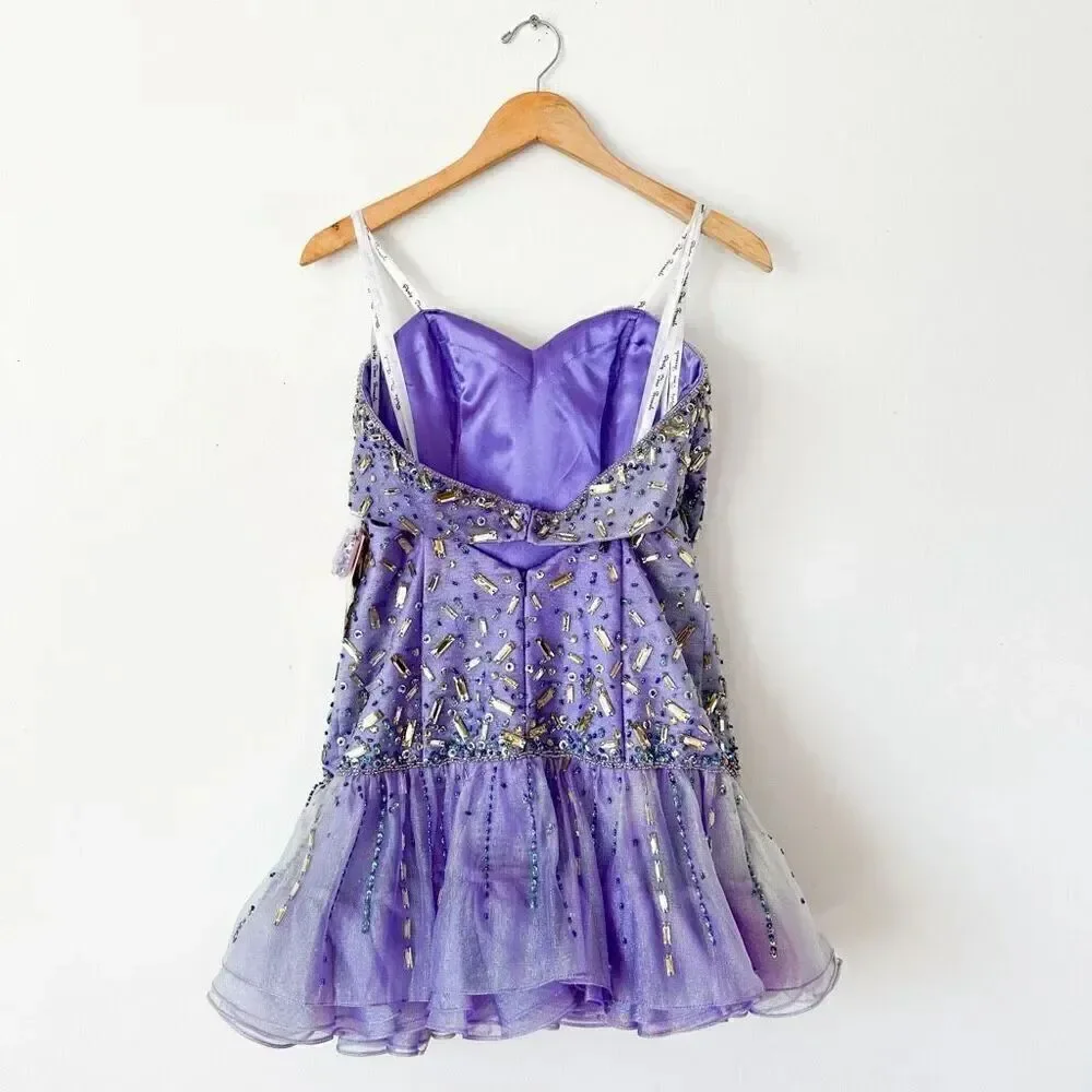 Party Time Formals Women’s Purple Iridescent All over Beaded Bodice Tulle Mini D